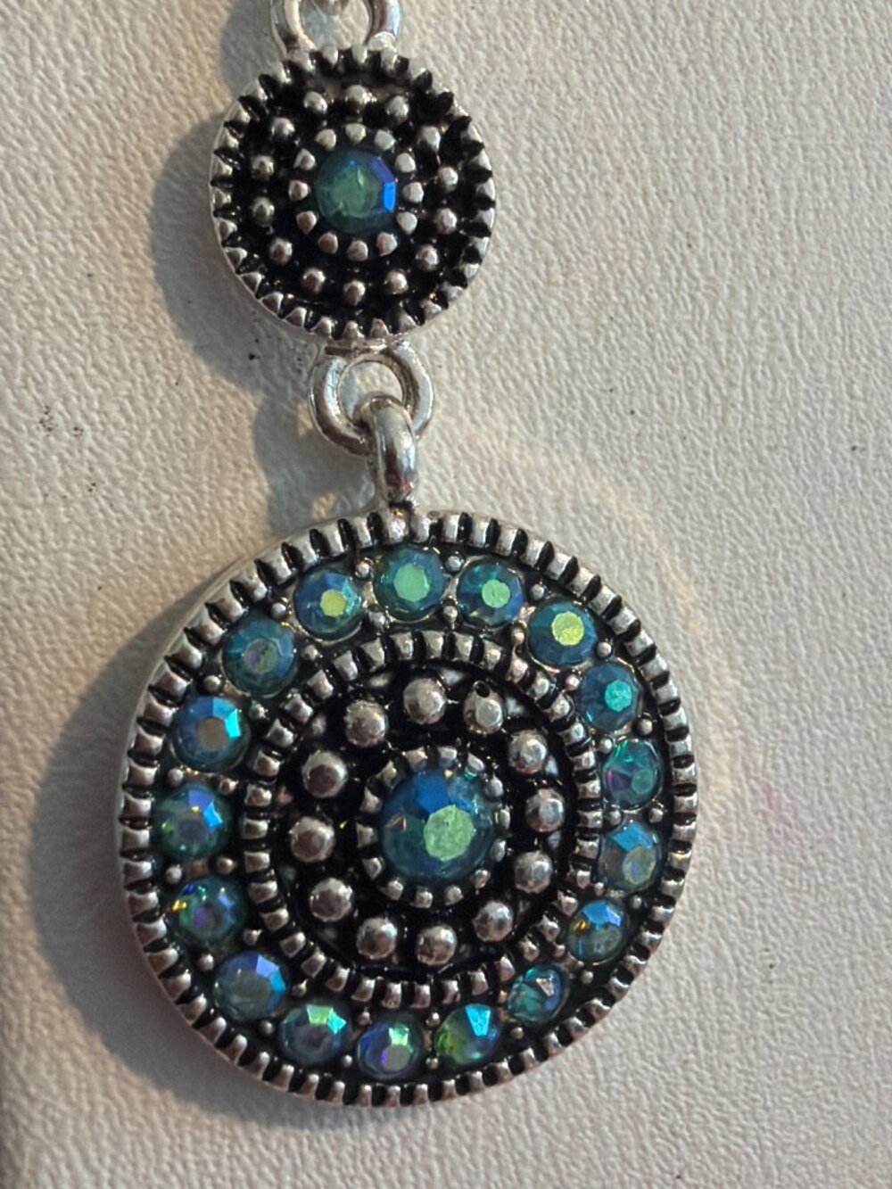Boho Silver Tone Blue AB Crystal Double Drop Dangle Earrings 1.5" Flash 6.77g - Picture 2 of 5
